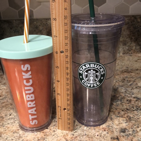 Lot of 2 STARBUCKS acrylic, tumblers w/lids & straws. 16oz Orange & 20oz clear - Picture 6 of 8